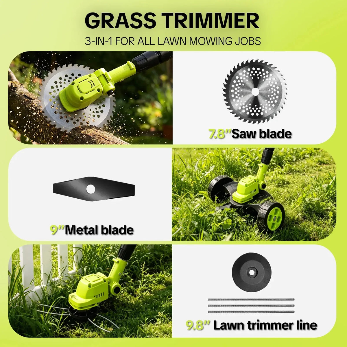 Cordless Electric Weed Wacker with 2 Batteries – 3-in-1 Grass Trimmer, Brush Cutter & Lawn Edger with Adjustable Telescopic Handle